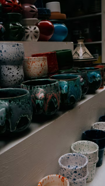 Collection of mugs with crystal glaze pattern.